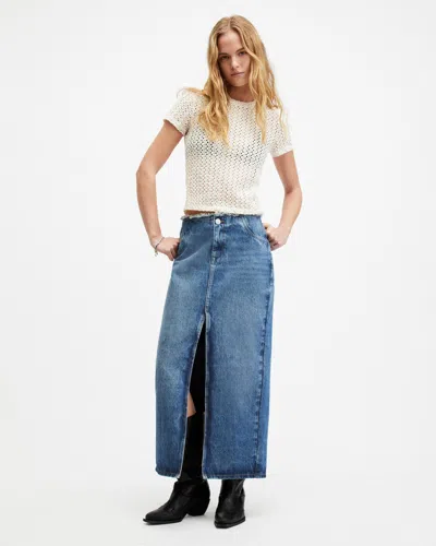 Allsaints Cyra Frayed Waistband Maxi Denim Skirt In Mid Indigo