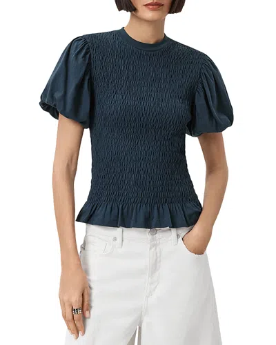 Allsaints Dael Peplum Puff Sleeve Top In Blue
