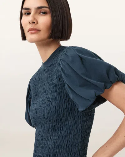 Allsaints Dael Smocked Puff Sleeve Top In Blue