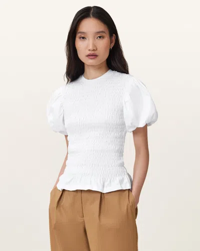 Allsaints Dael Smocked Slim Top In Optic White