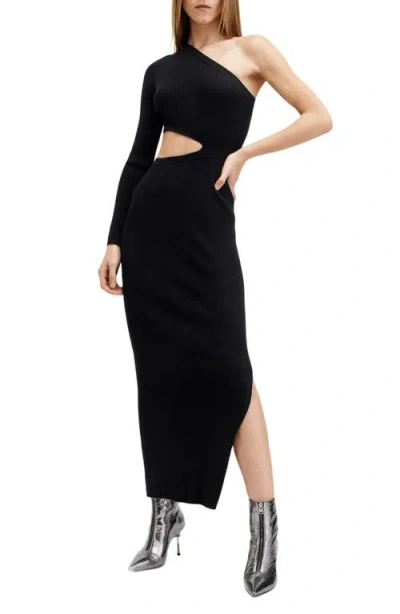 Allsaints Daisy Cutout One-shoulder Rib Maxi Sweater Dress In Black