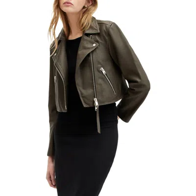 Allsaints Dalby Crop Leather Biker Jacket In Tarmac Green