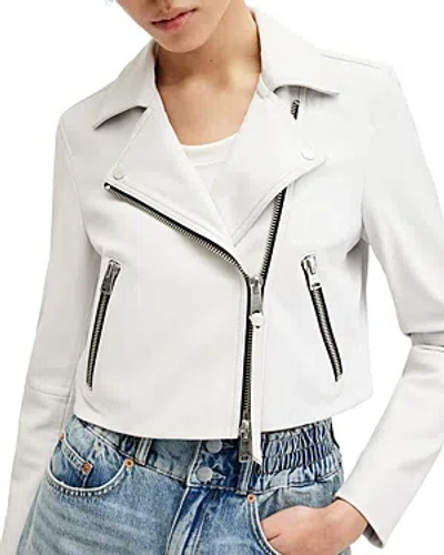 Allsaints Dalby Cropped Leather Biker Jacket In Optic White