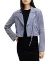 Allsaints Dalby Slim Fit Cropped Suede Biker Jacket In Pale Denim