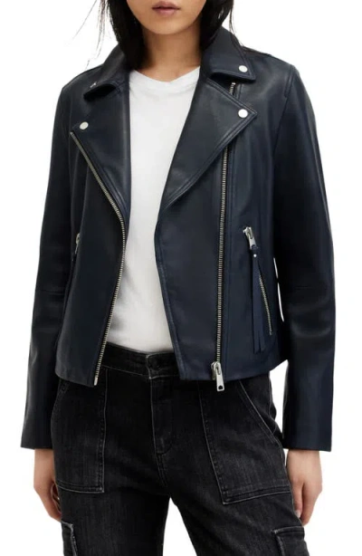 Allsaints Dalby Leather Biker Jacket In Midnight Blue