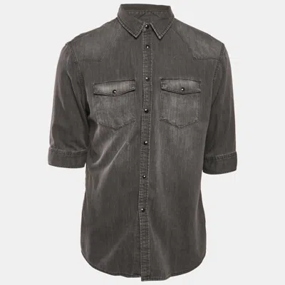 Pre-owned Allsaints Dark Grey Distressed Denim Half Sleeve Button Front Shirt Xl In Gray
