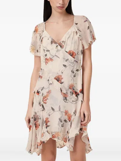 Allsaints Darma Floral-print Ruffled Dress In Neutral