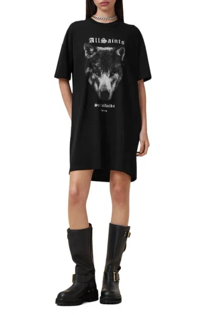 Allsaints Dawn Wolf Print T-shirt Dress In Black