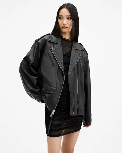 Allsaints Daylen Oversized Leather Biker Jacket In Black