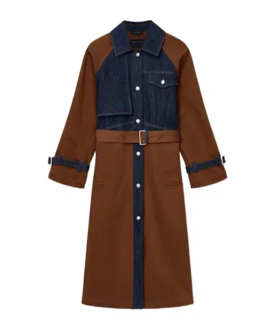 Allsaints Womens Cognac Brown Dayly Denim-panel Relaxed-fit Stretch Organic-cotton Trench