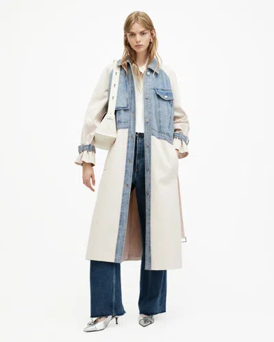 Allsaints Dayly Denim Panelled Relaxed Trench Coat In Stone White