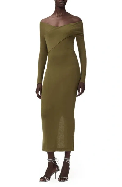 Allsaints Delta Off The Shoulder Long Sleeve Jersey Midi Dress In Green