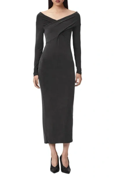 Allsaints Delta Off The Shoulder Long Sleeve Maxi Dress In Black