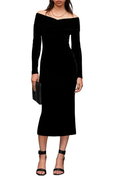 ALLSAINTS ALLSAINTS DELTA OFF THE SHOULDER LONG SLEEVE VELVET MIDI DRESS