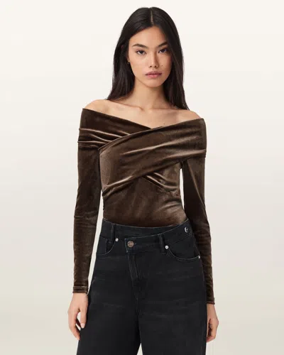 Allsaints Delta Velvet Wrap Top In Brown