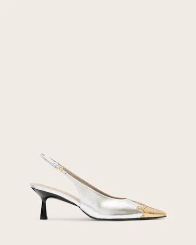 Allsaints Denver Leather Slingback Heeled Shoes In Silver/gold
