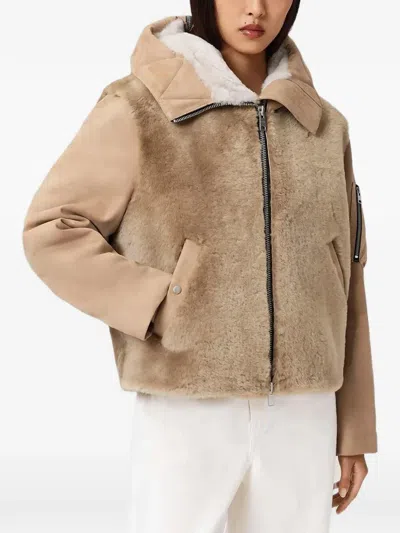 Allsaints Dexter Collared Shearling Jacket In Nude