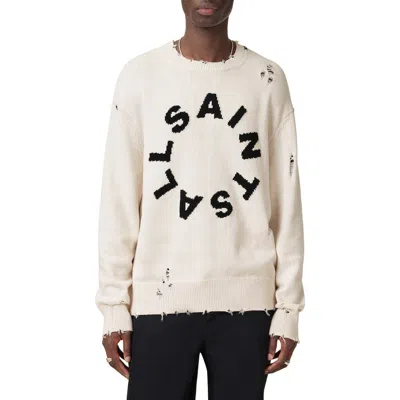 Allsaints Diago Distressed Cotton Crewneck Jumper In Ecru White