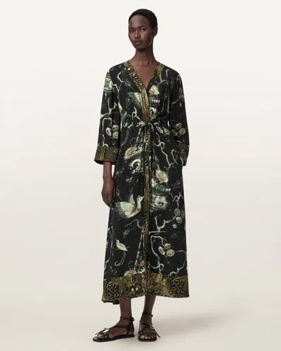 Allsaints Diana Contrast Print Midi Dress In Black