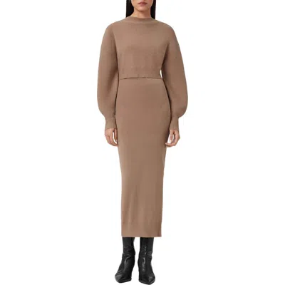 Allsaints Dina Blouson Sleeve Sweater & Knit Midi Dress Set In Brown