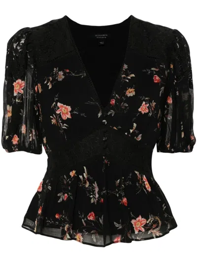 Allsaints Dinah Floral-print Blouse In Black