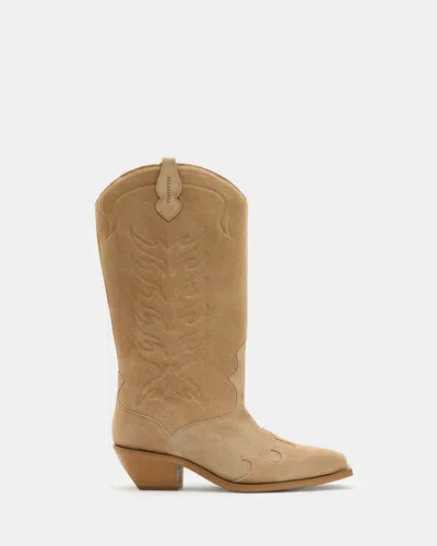 Allsaints Dolly Western Leather Boots In Oak Beige