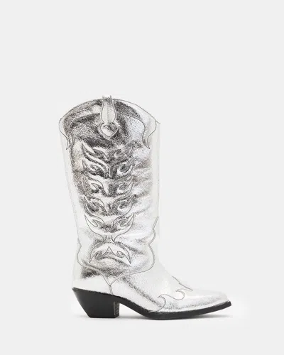 Allsaints Dolly Western Metallic Leather Boots In Metallic Silver