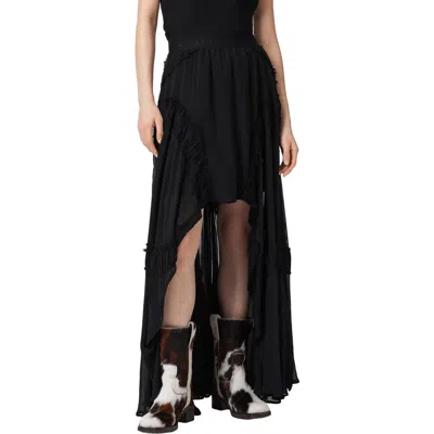 Allsaints Womens Black Dorina Branded-waistband Ruched Cotton Midi Skirt