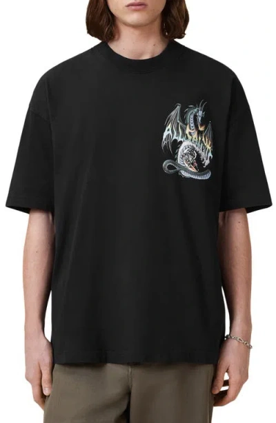 Allsaints Dragon Wave Oversize Graphic T-shirt In Black