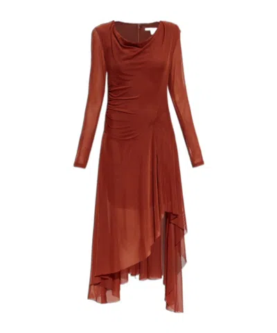 Allsaints Draped Mesh Long Sleeve Midi Dress In Brown