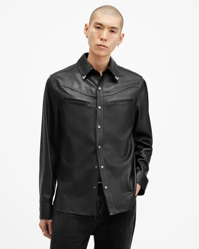 Allsaints Draven Metal Tip Collar Leather Shirt In Black