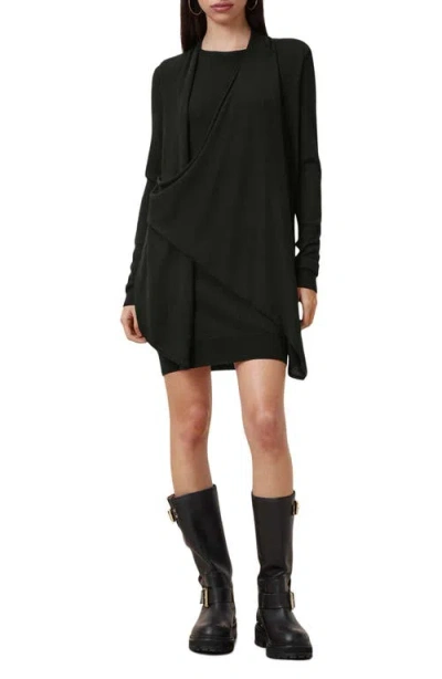 Allsaints Drina Draped Front Long Sleeve Merino Wool Dress In Black
