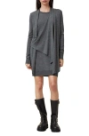 Allsaints Drina Draped Front Long Sleeve Merino Wool Dress In Grey Marl
