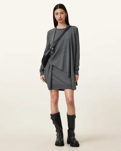 Allsaints Drina Draped Wool Dress In Grey Marl