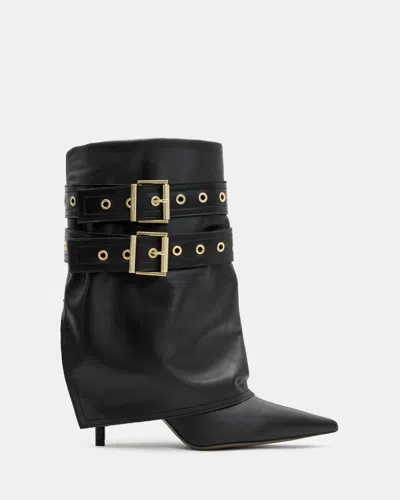 Allsaints Dua Fold-over Buckle Leather Boots In Black