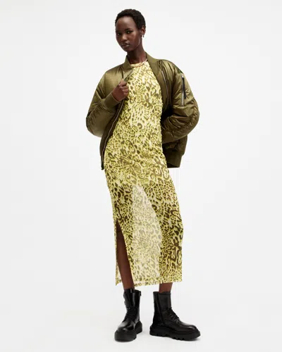 Allsaints Edana Leopard Print Mesh Midi Dress In Teresa Lime Green