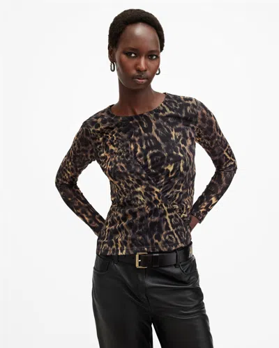 Allsaints Edana Leopard Print Mesh Top In Jinx Golden Brown