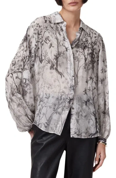 Allsaints Eddie Floral Print Button Up Shirt In Rise Ecru White
