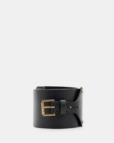 Allsaints Eden Leather Buckle Waist Belt In Patent Black/brass
