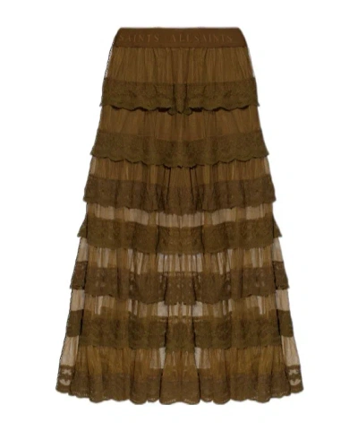 Allsaints Elastic Waist Midi Skirt In Brown