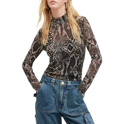 Allsaints Elia Mesh Waima Snake Print Bodysuit In Black