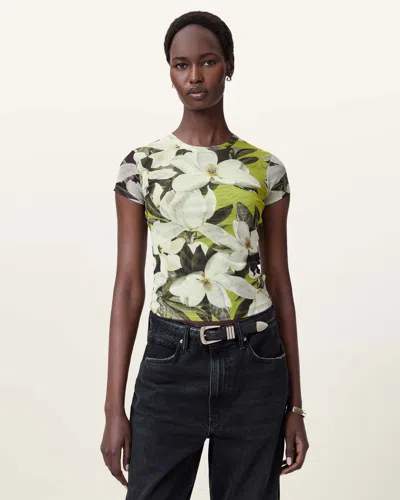 Allsaints Ellie Mesh Floral Print T-shirt In Revive Stem Green