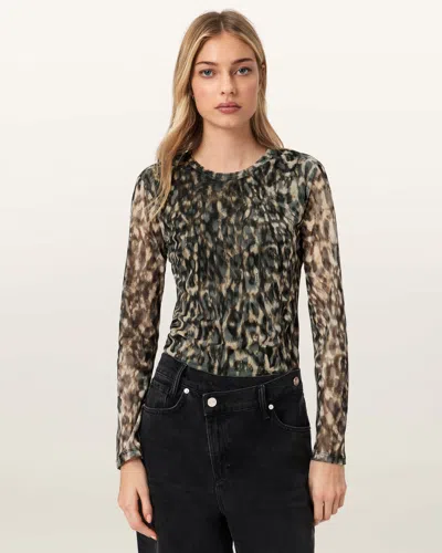 Allsaints Ellie Floral Long Sleeve Mesh T-shirt In Blue