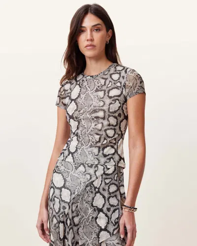 Allsaints Ellie Mesh Snake Print T-shirt In Flow Ecru White