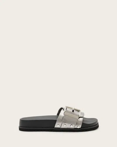 Allsaints Ellie Studded Buckle Leather Sliders In Grey