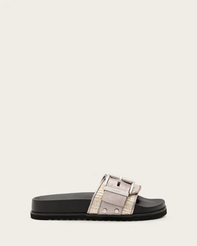 Allsaints Ellie Studded Buckle Leather Sliders In Silver