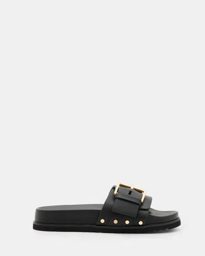 Allsaints Ellie Studded Buckle Leather Slides In Black