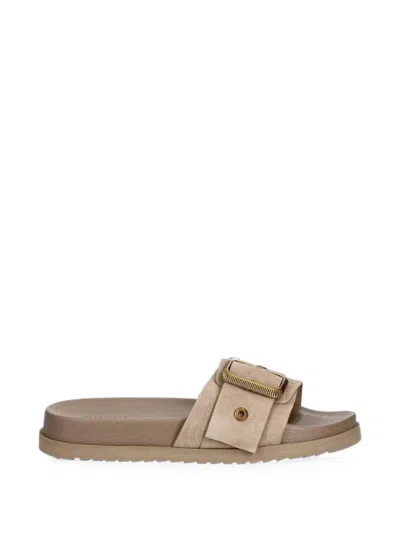 Allsaints Ellie Western Buckle-detail Slides In Neutral
