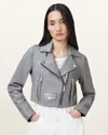 Allsaints Elora Cropped Slim Leather Biker Jacket In Silver Birch Grey