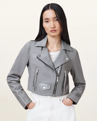 Allsaints Elora Cropped Slim Leather Biker Jacket In Silver Birch Grey